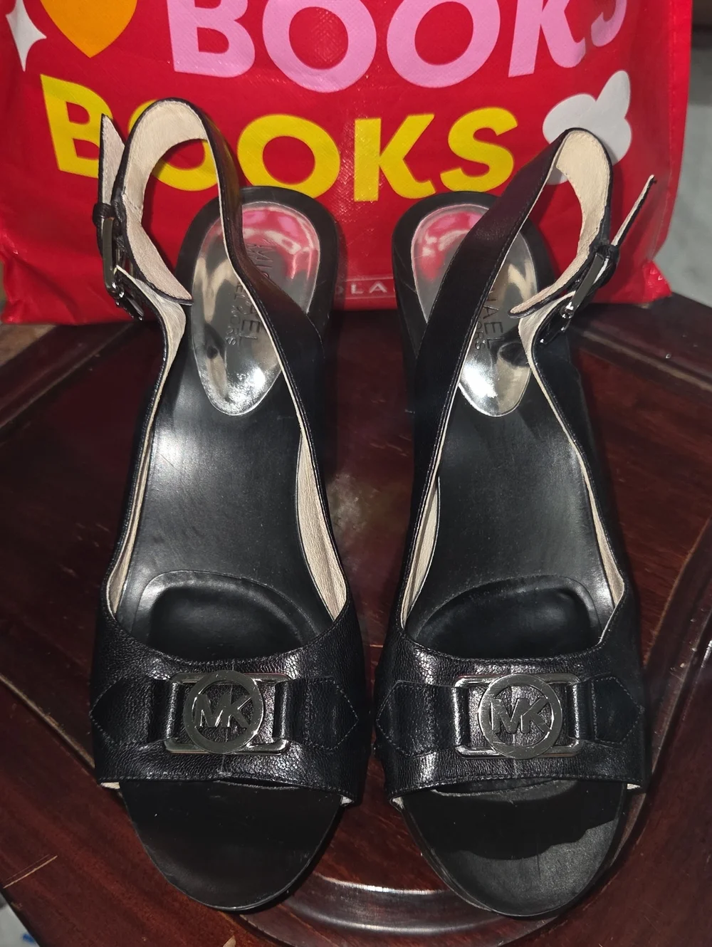 Michael Kors Black Leather Slingback Heels with MK Logo